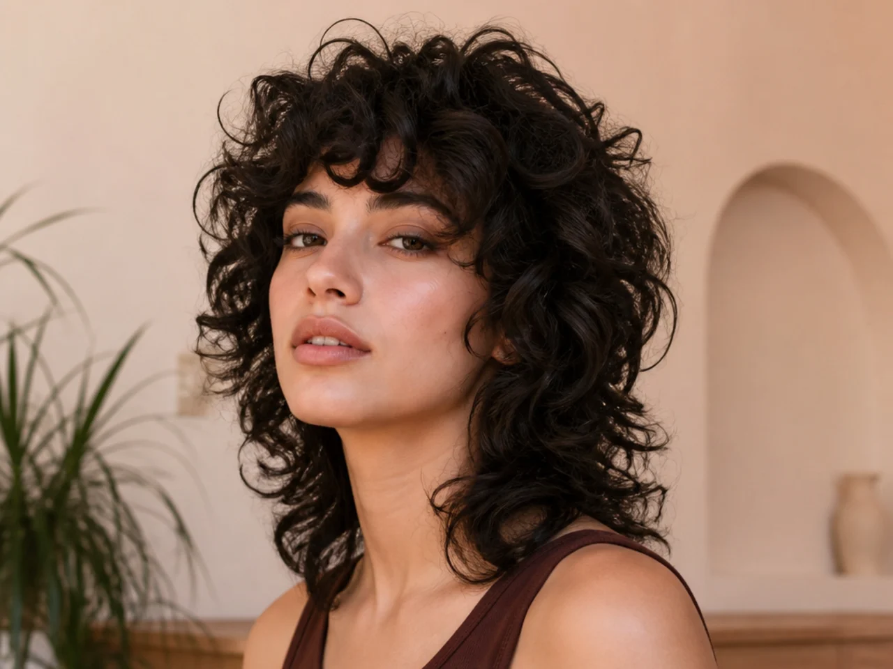Curly wolf cut in one solid dark tone showing a clean outline