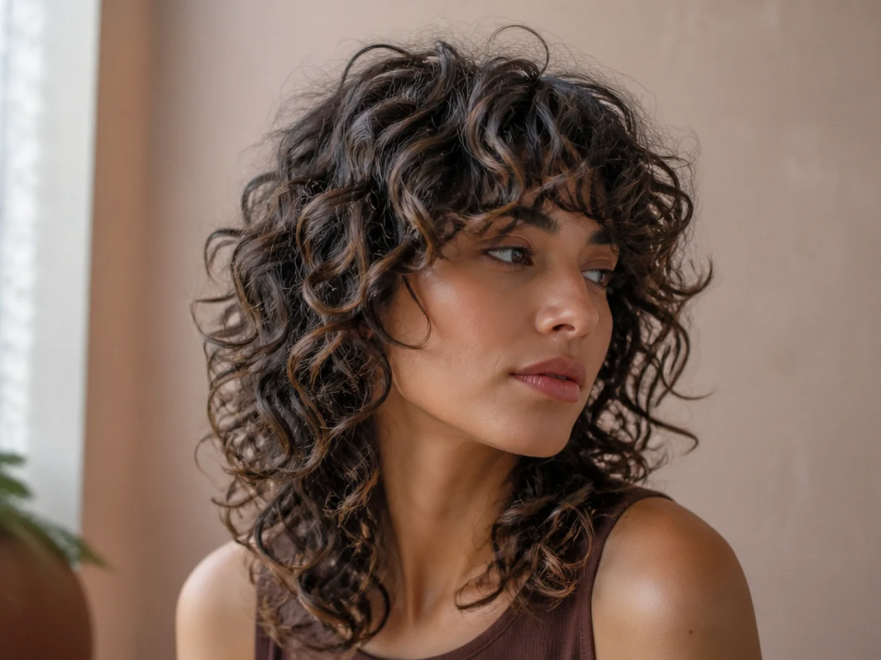 Curly wolf cut with fine highlights running along individual curls