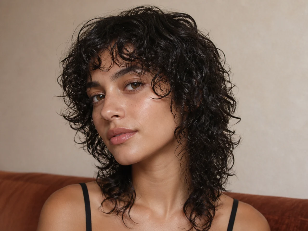 Curly wolf cut styled as a wash and go with defined gel set clumps