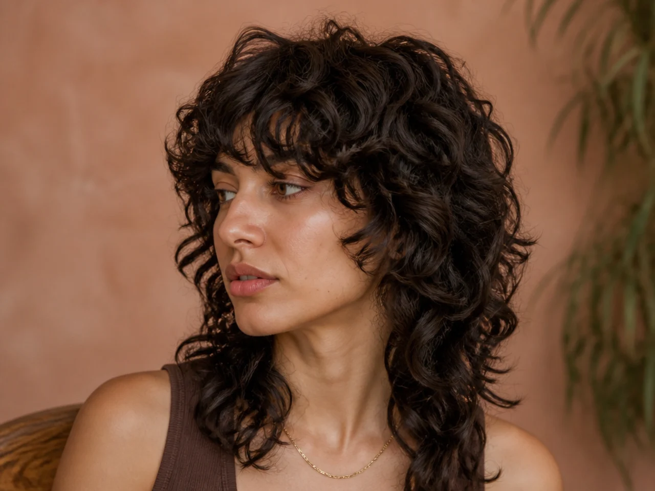 A curly wolf cut six weeks after cutting with softened crown volume