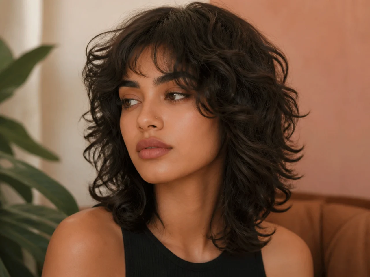 Curly wolf cut with the ends resting on the shoulders and turning outward