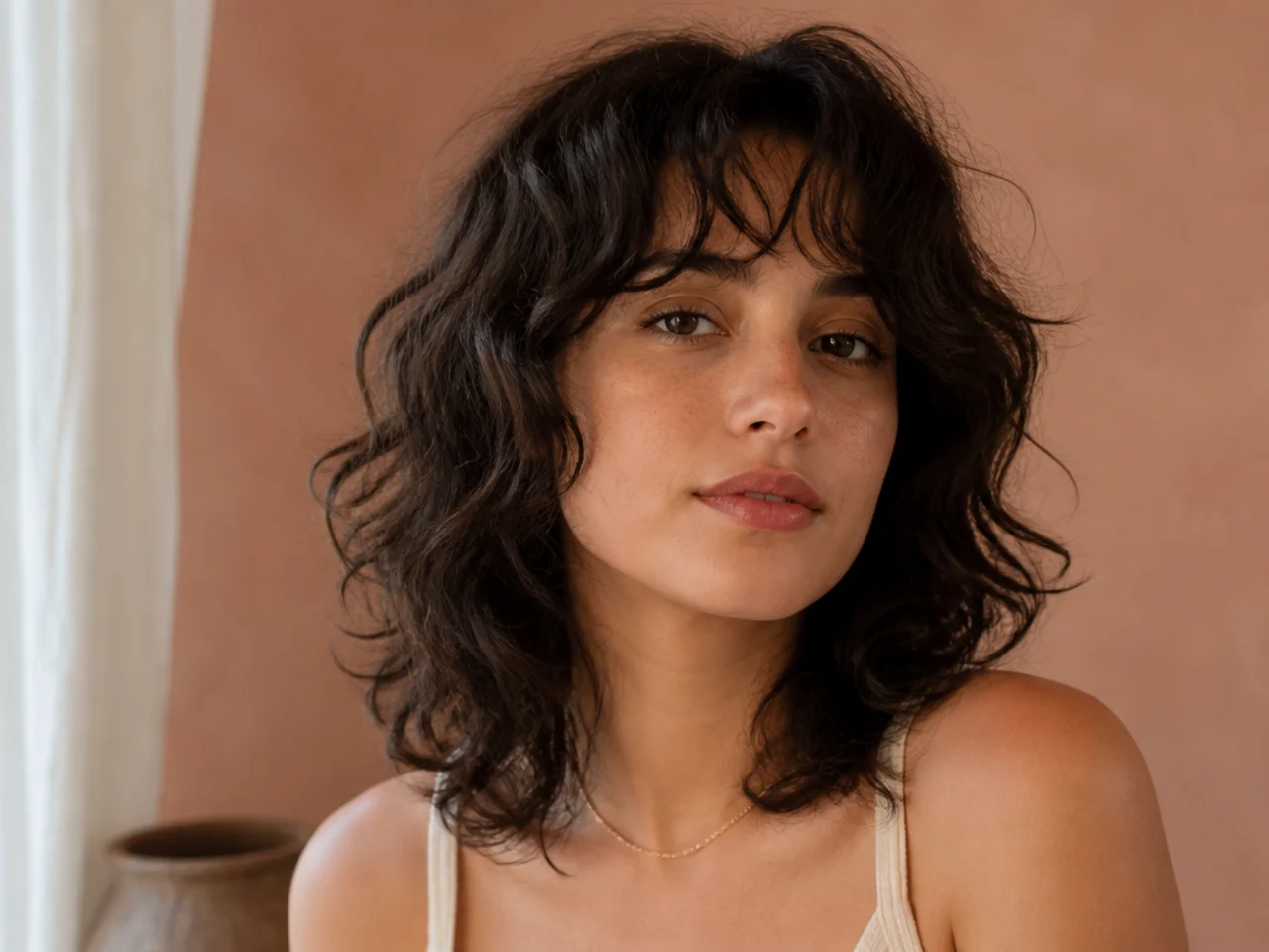 Curly wolf cut with the perimeter falling at the collarbone