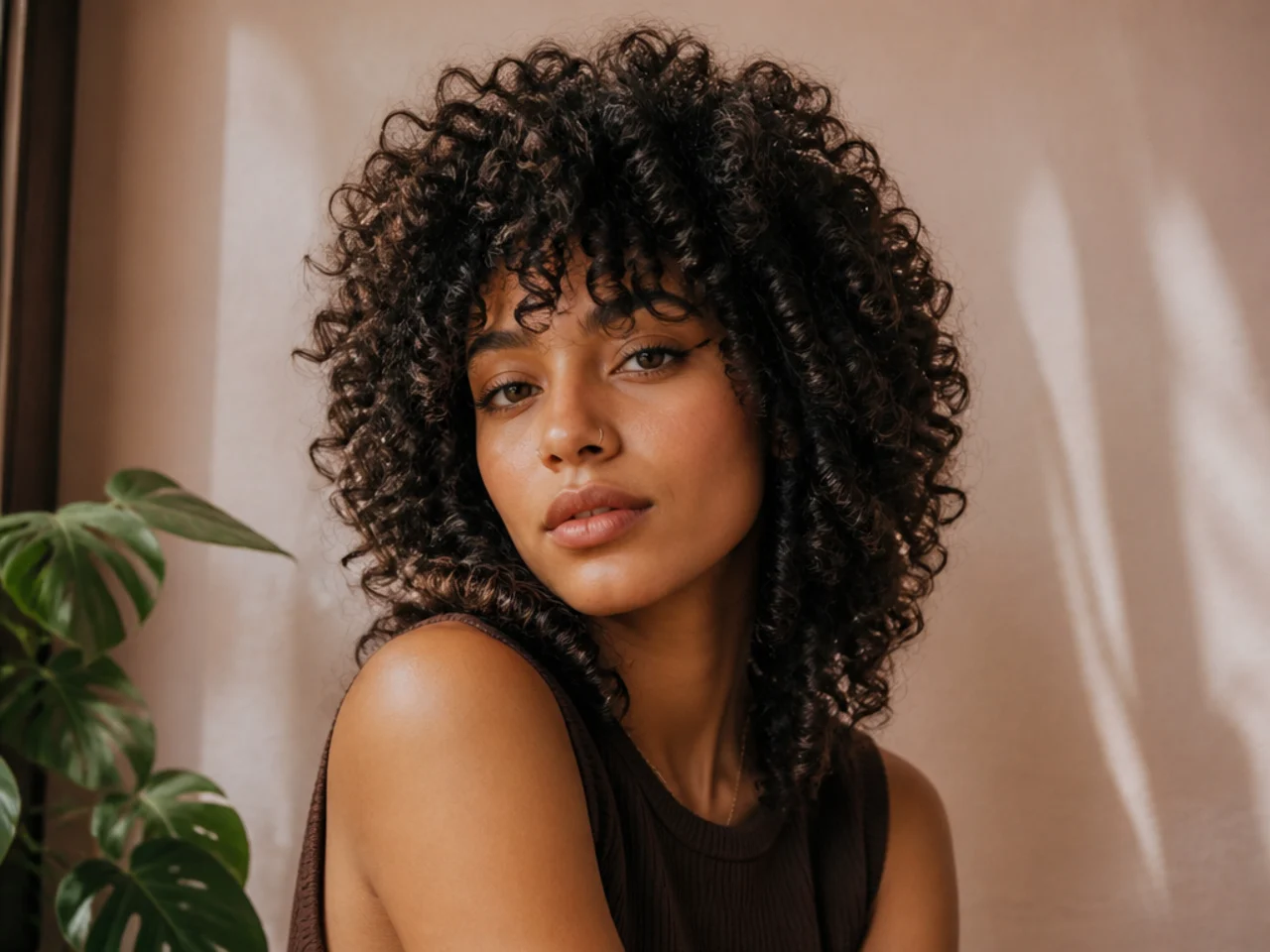 Tightly coiled hair shaped into a rounded wolf cut with high crown volume