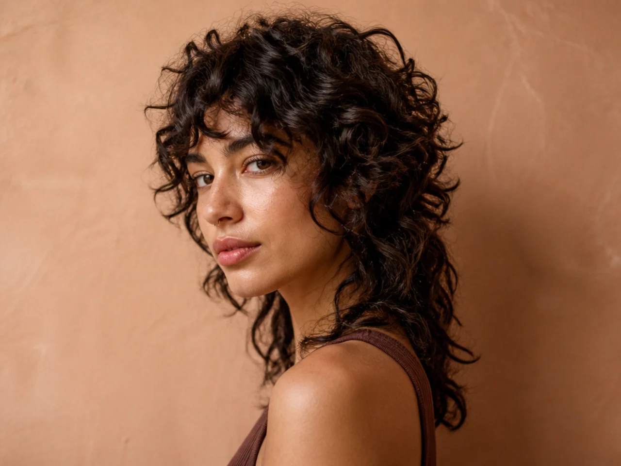 Three quarter view of a curly wolf cut showing crown height and defined ends