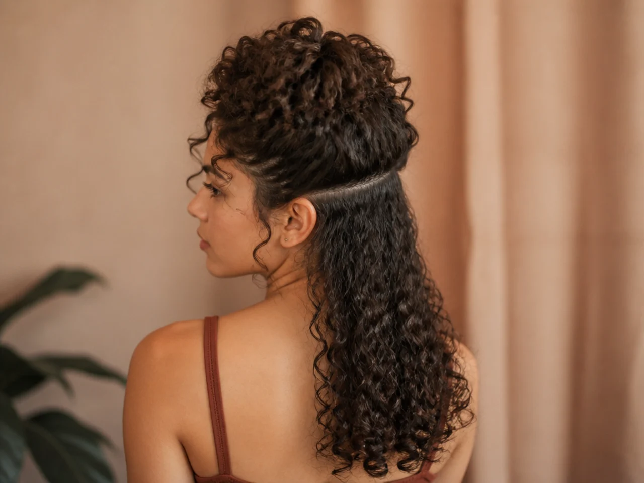 Curly hair sectioned to show a short crown layer sitting on top of longer lengths