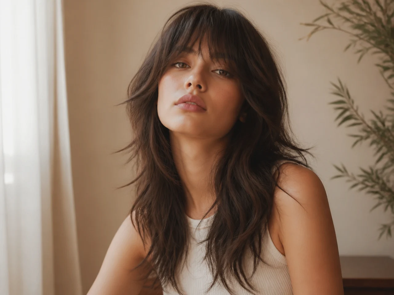 A long wolf cut with a wispy fringe