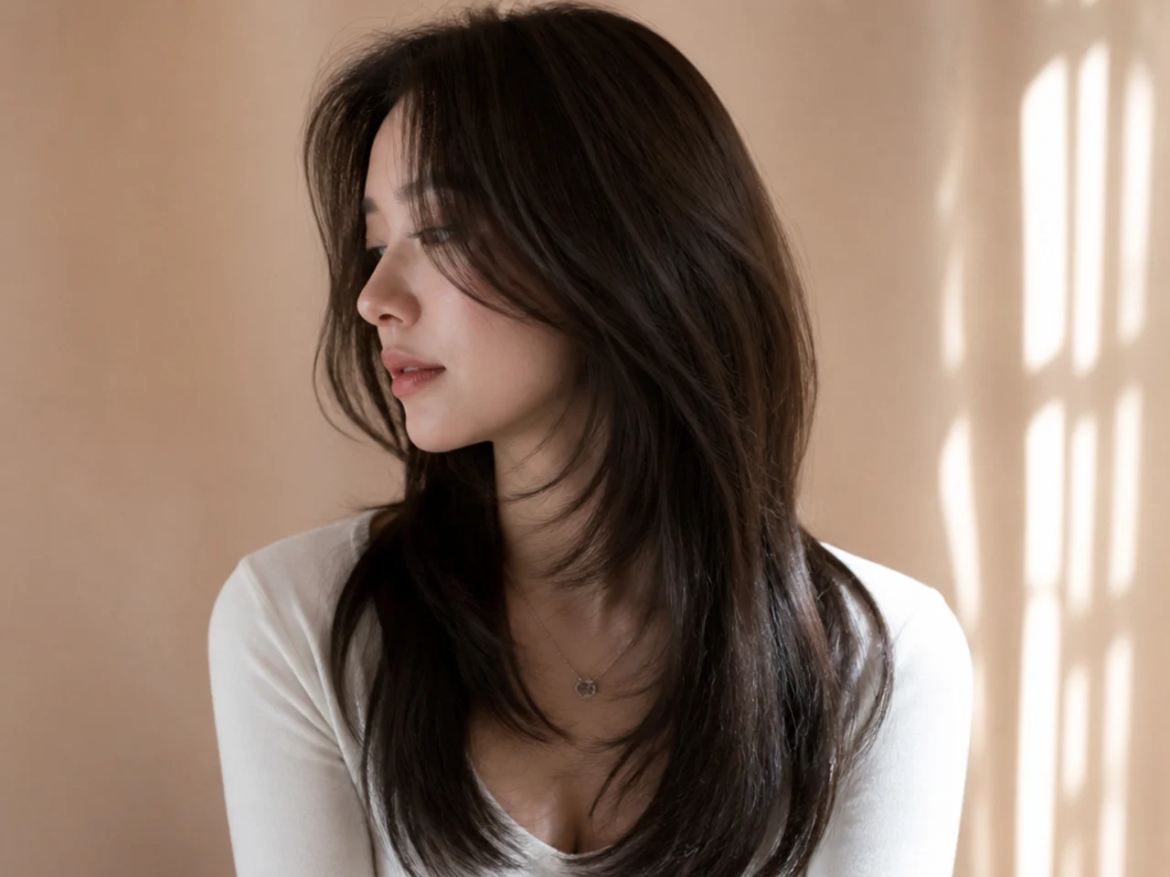 A softly layered Korean style long wolf cut