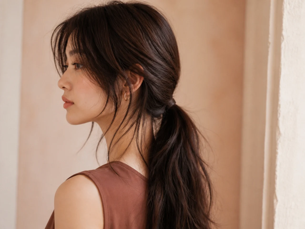 A long wolf cut tied into a low ponytail
