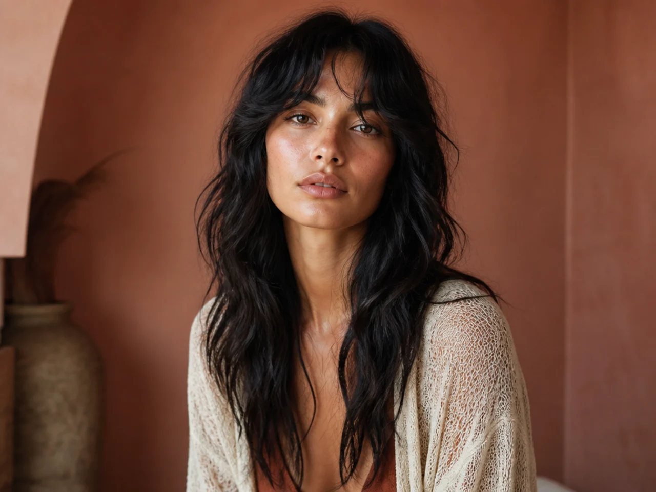 Soft waves in a long wolf cut created by overnight braids