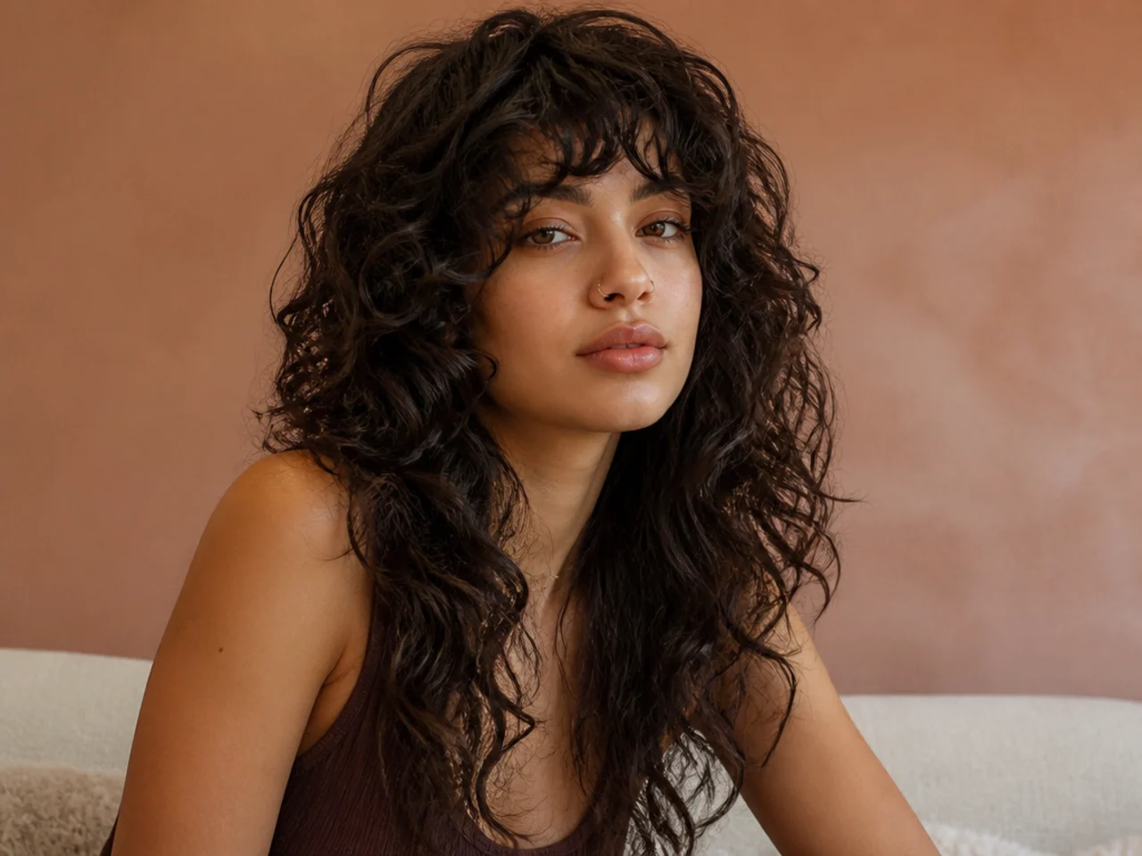 A long wolf cut on curly hair