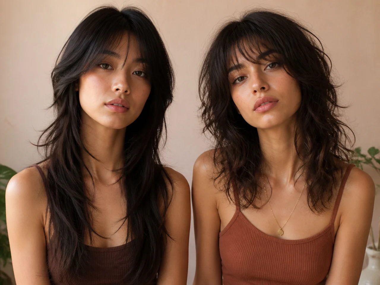 A long wolf cut and a long shag compared side by side