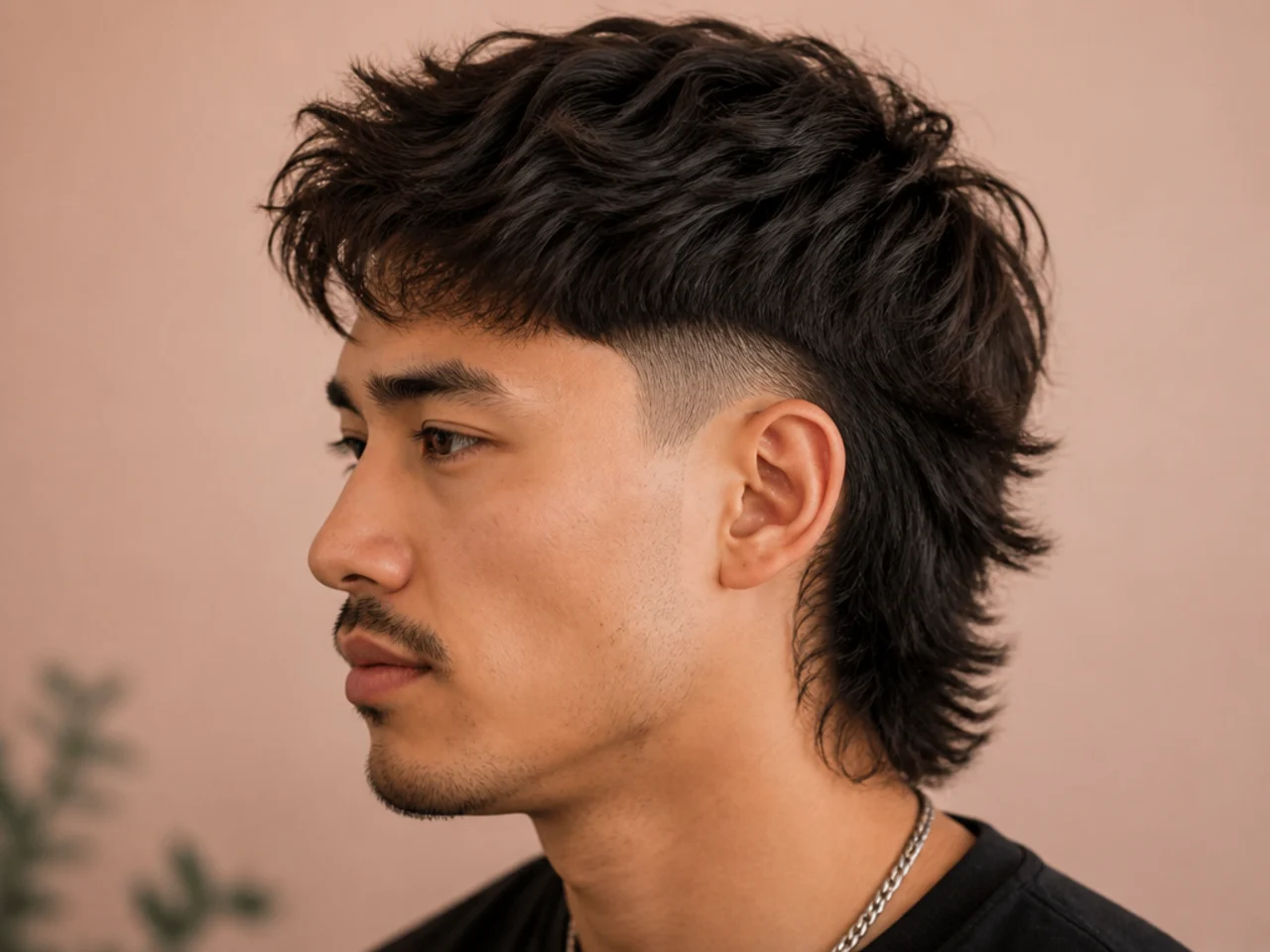 Burst fade wolf cut with semicircular fade around the ear meeting layered top