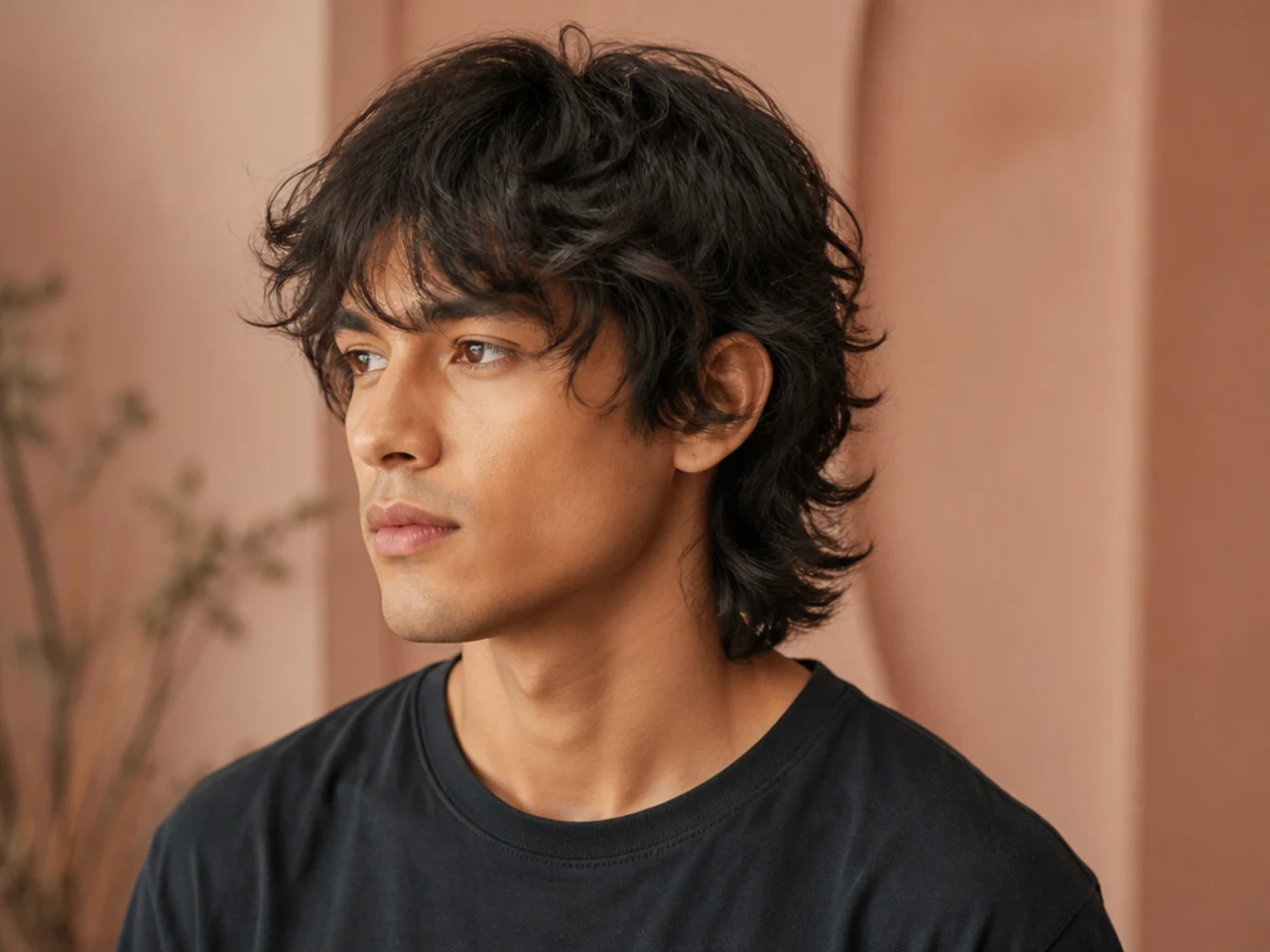 Classic wolf cut on brown wavy hair with curtain layers around the face