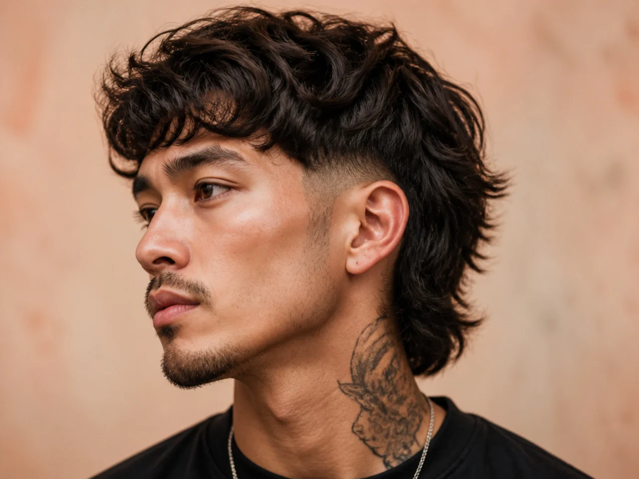 Drop fade wolf cut with fade curving downward behind the ear