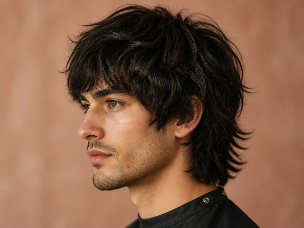 Edgar wolf cut with straight-cut fringe and layered back on dark hair