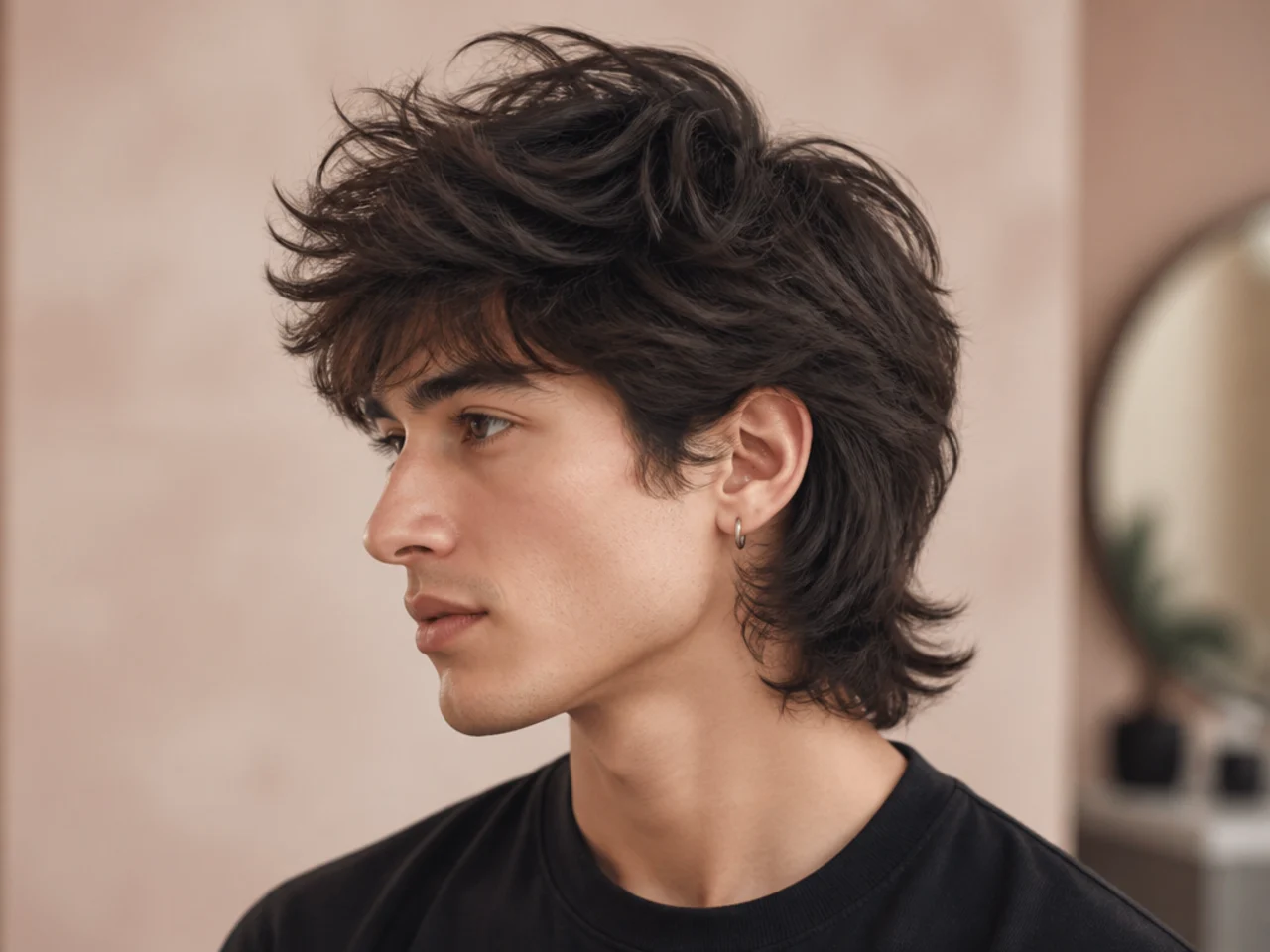 High-volume wolf cut with dramatic crown lift and layered stacked top