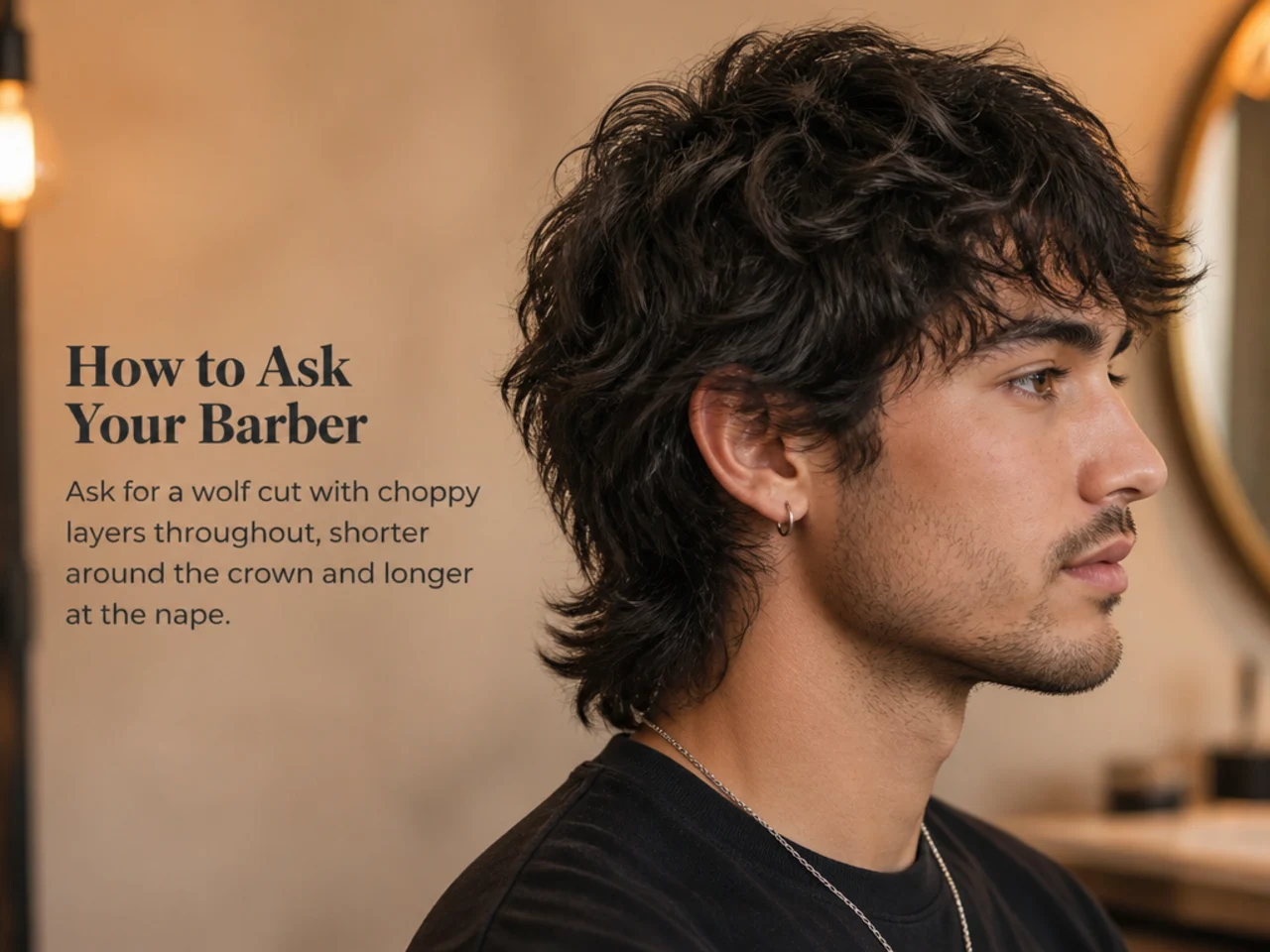 Barber consultation with a client showing wolf cut reference photos
