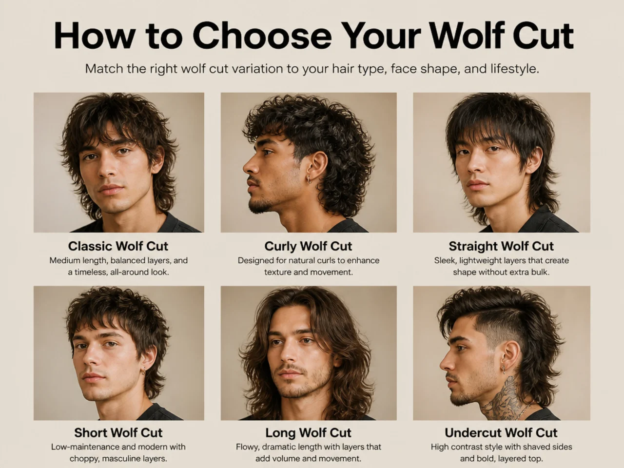 Three men with different wolf cut lengths and textures side by side in a barbershop