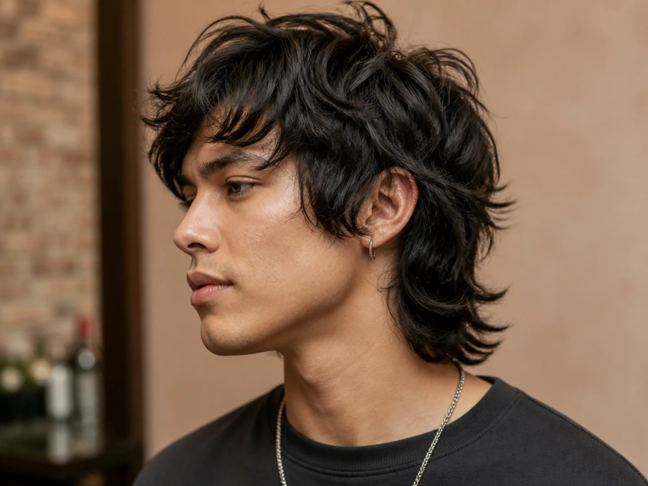 Indie wolf cut with tousled mid-length layers and slightly overgrown fringe