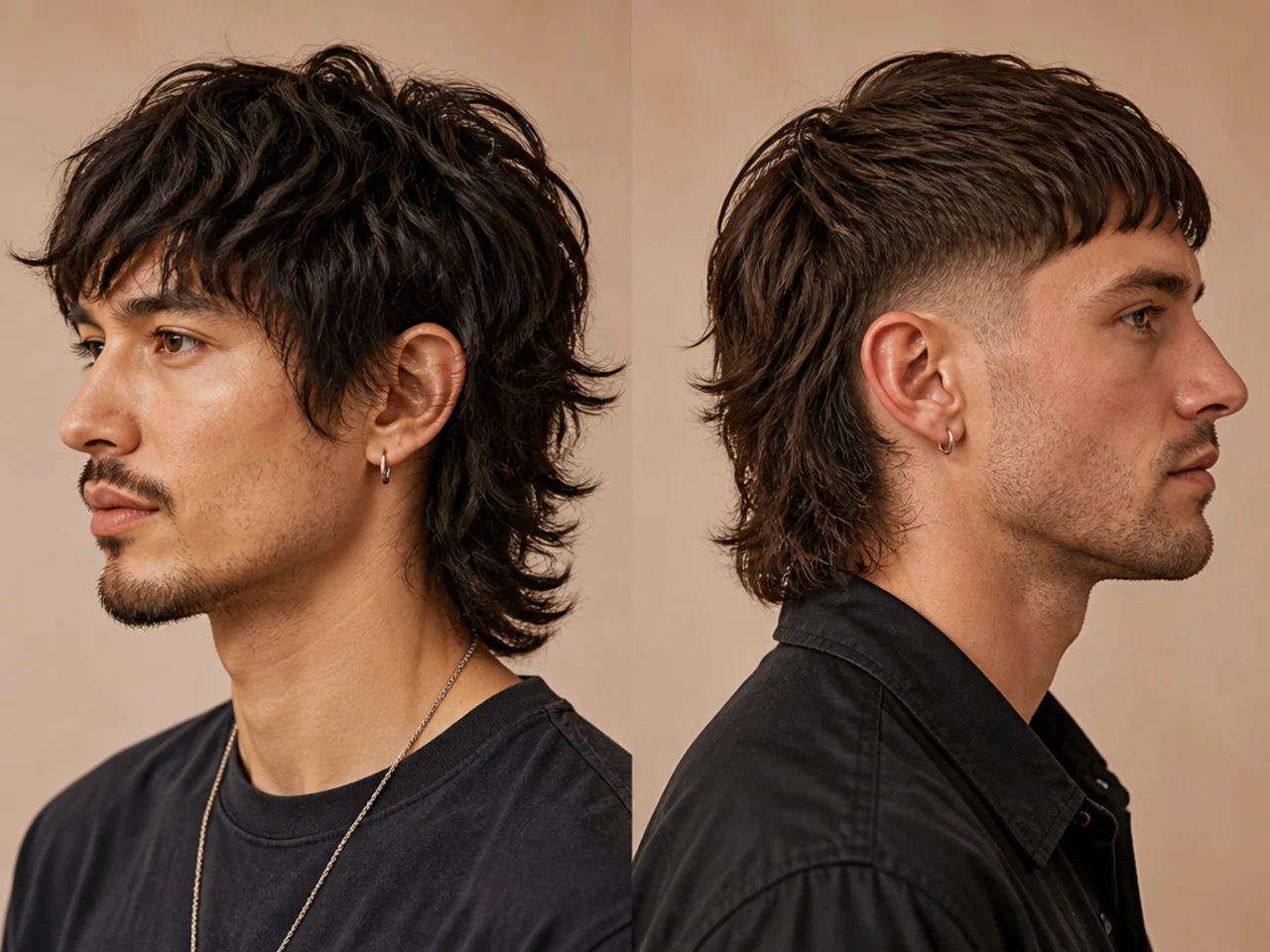 Side-by-side comparison of wolf cut and mullet silhouettes on two men