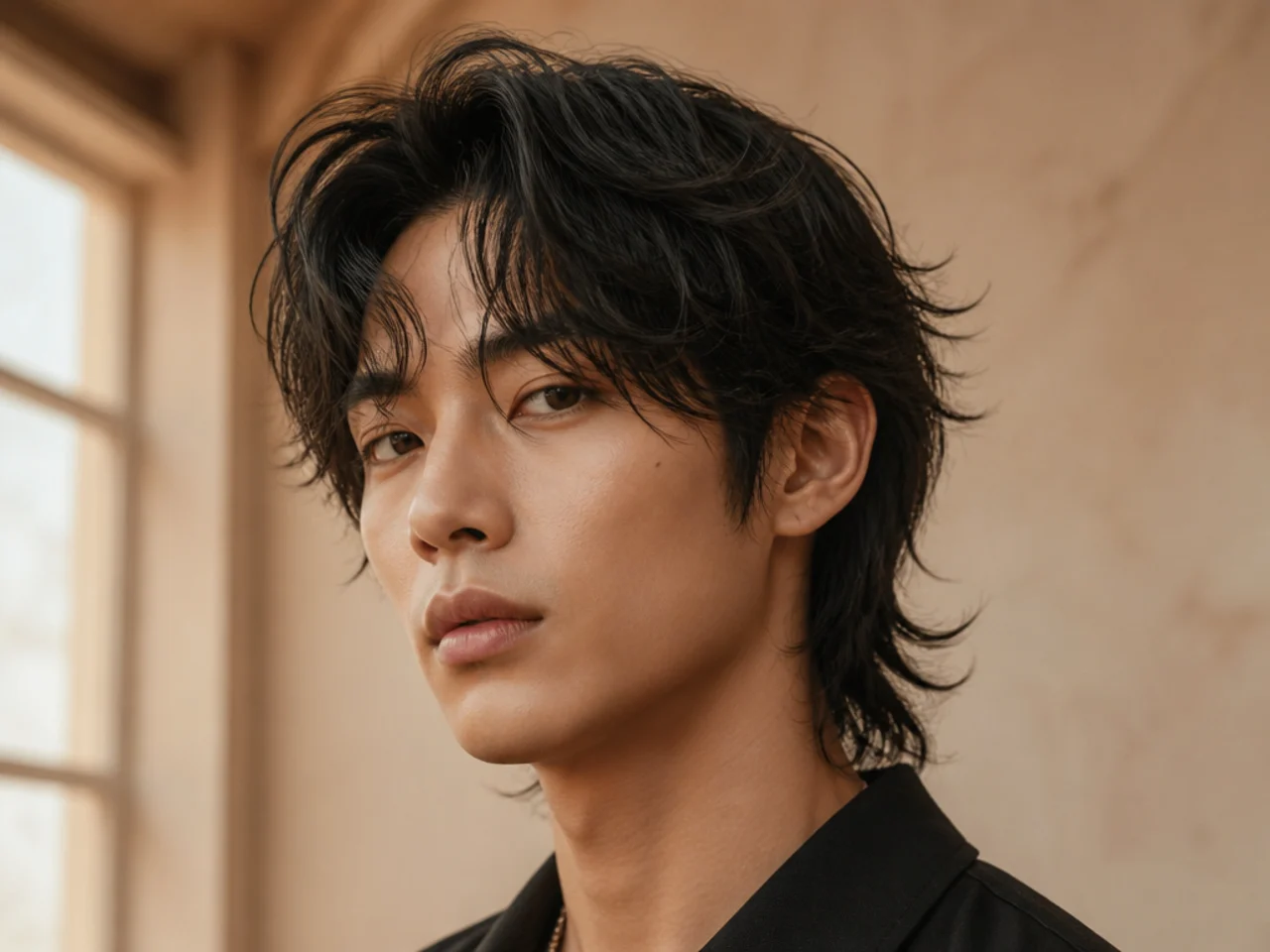 Korean wolf cut on straight black hair with soft curtain bangs
