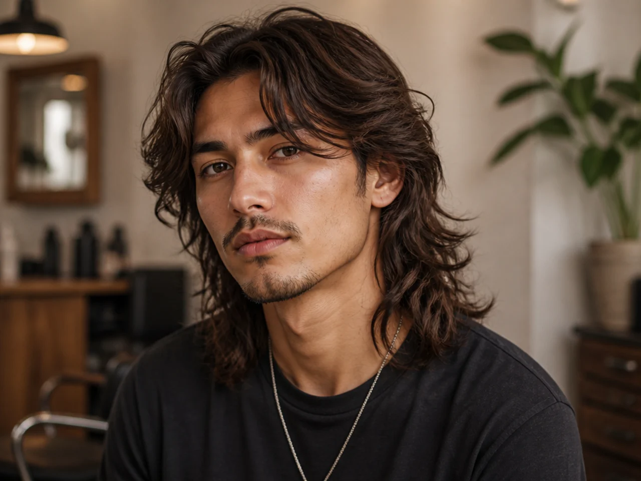 Long wolf cut with hair falling past the shoulders and heavy face-framing
