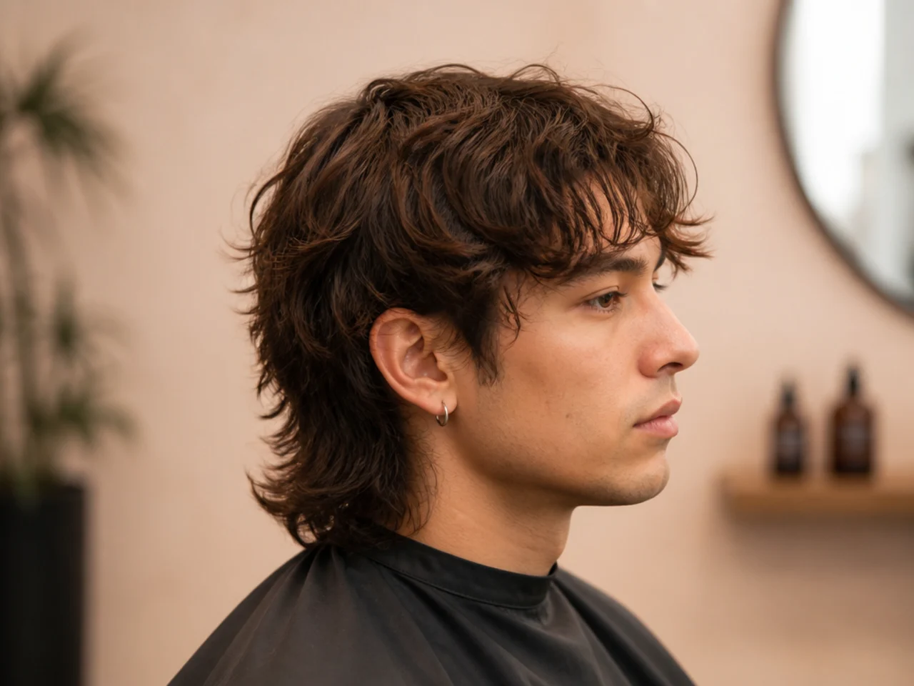 Mid-length wolf cut on wavy brown hair reaching just past the collar