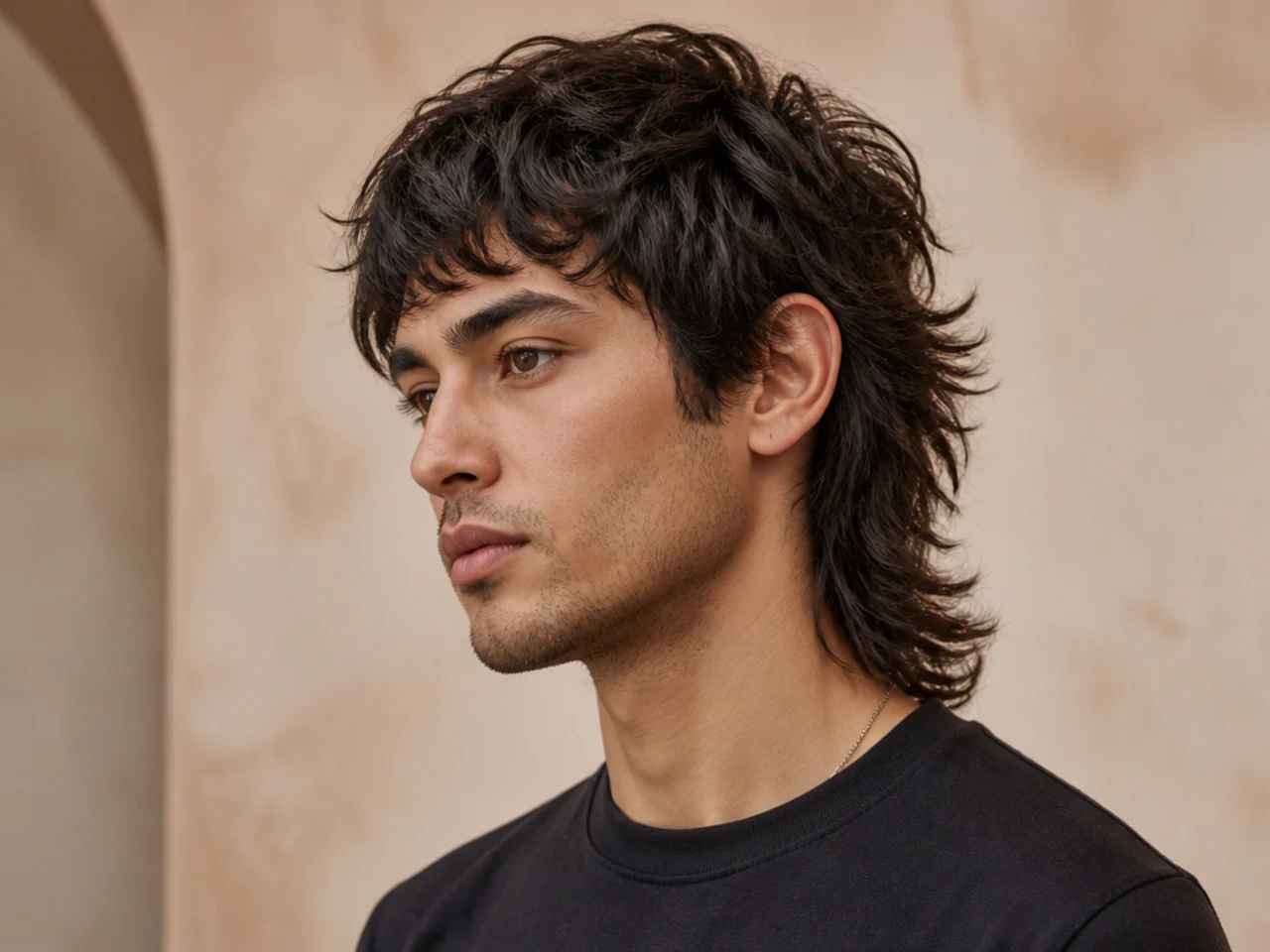 Mullet wolf cut with cropped sides and elongated back on straight blond hair