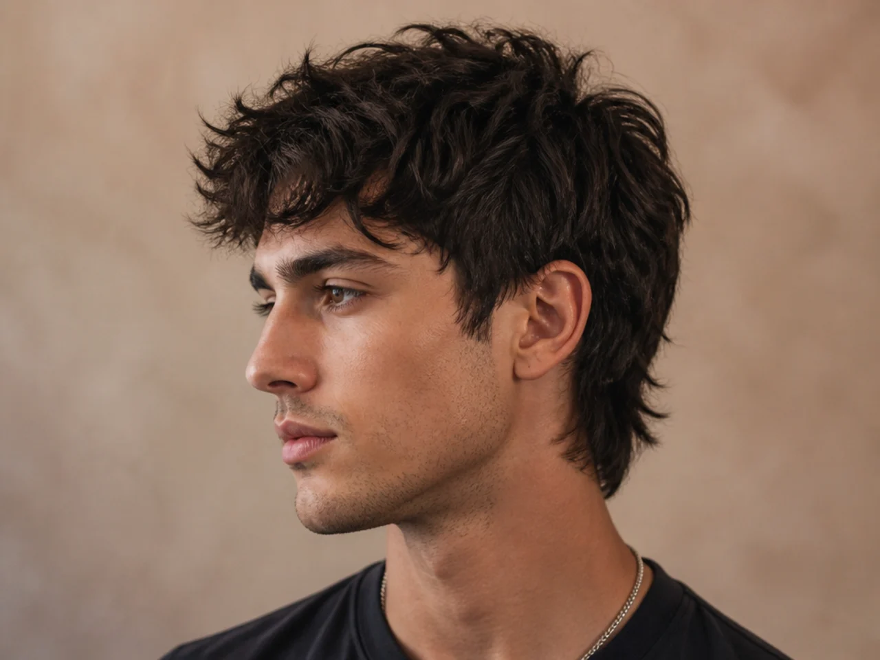 Short wolf cut with cropped back and layered top on straight dark hair