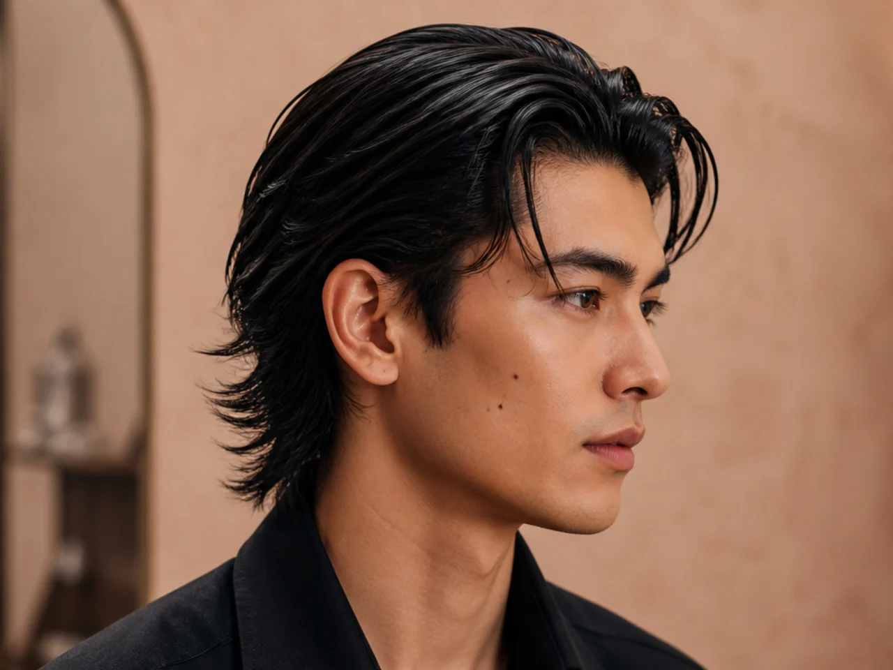 Slick wolf cut styled backward with glossy finish and cleaner layer definition