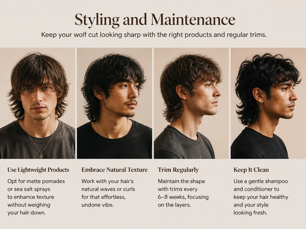 Styling products for wolf cut haircut including matte cream sea-salt spray and hairspray