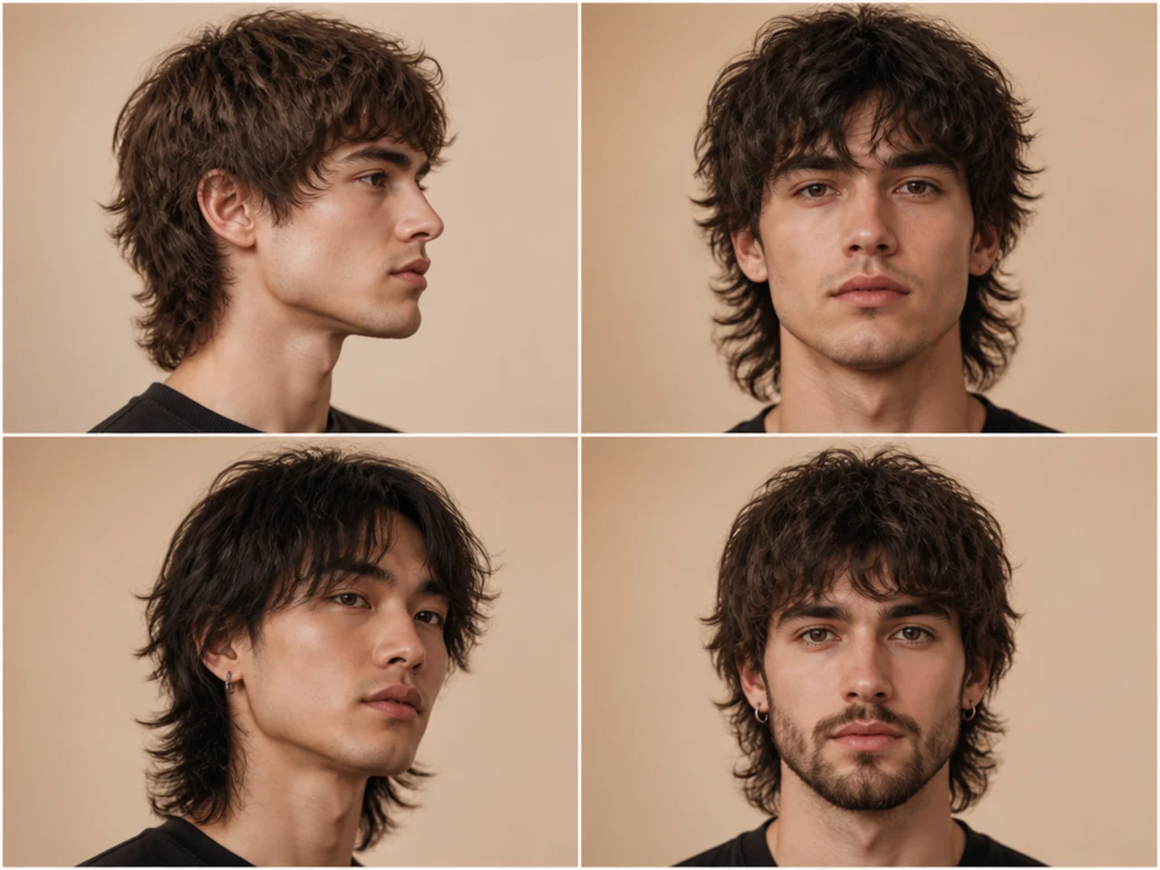 Diagram of face shapes with matched wolf cut variations