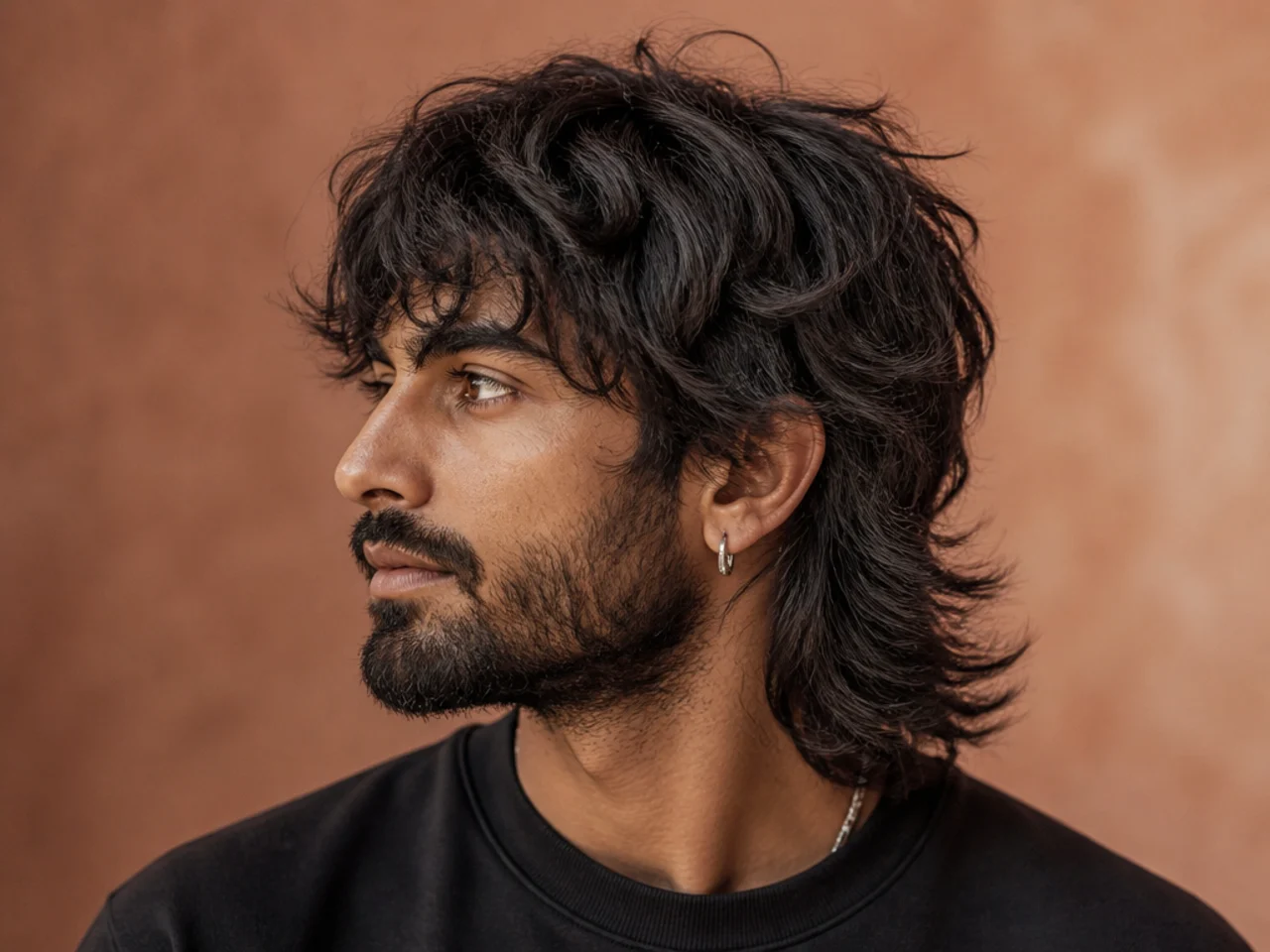 Wolf cut with full beard blending naturally into tapered sideburns
