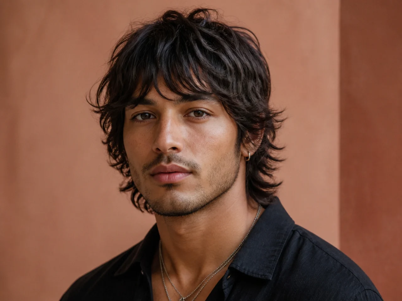 Wolf cut with heavy textured fringe on wavy dark brown hair