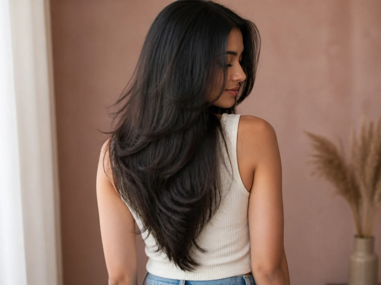 Long hair cut to a deep V shaped perimeter