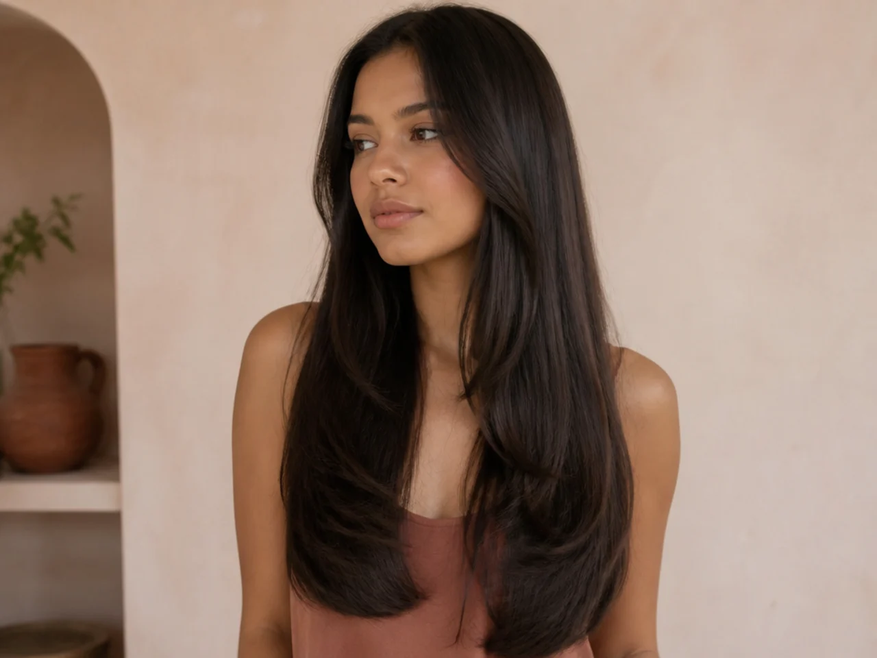 Long hair cut to a rounded U shaped perimeter