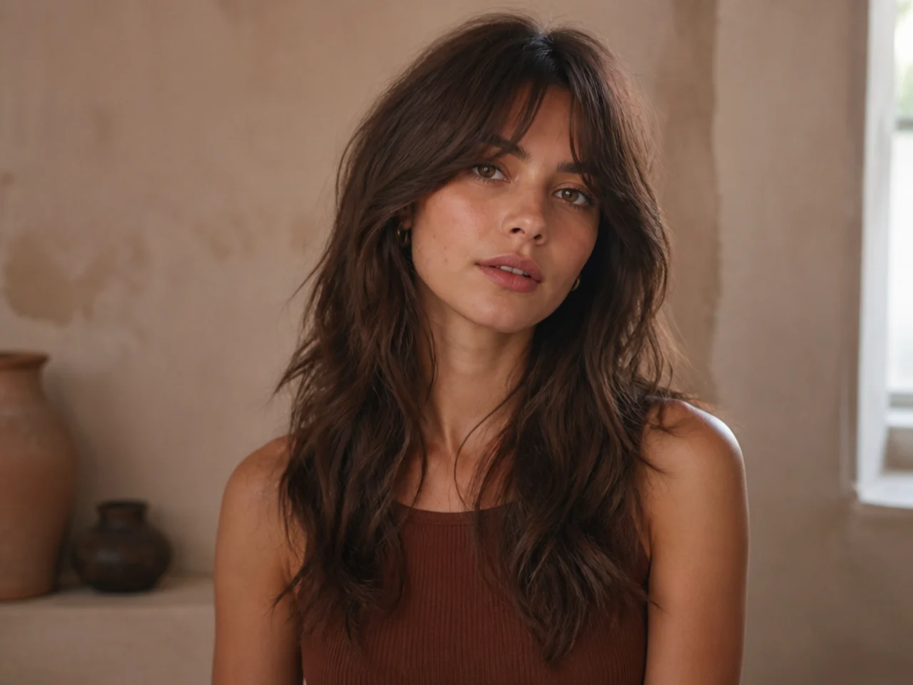 A long wolf cut worn with curtain bangs