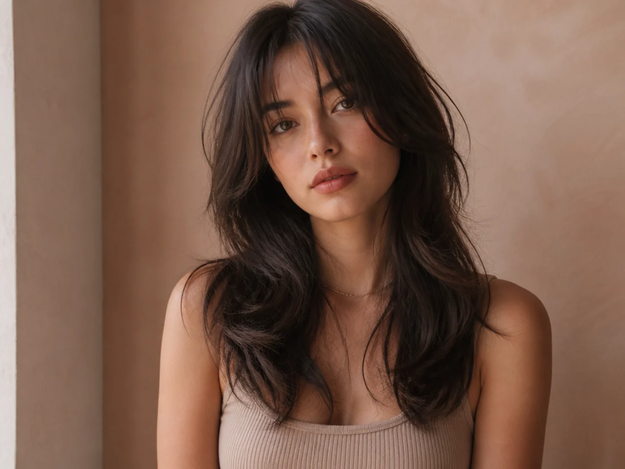 A long wolf cut with bottleneck bangs