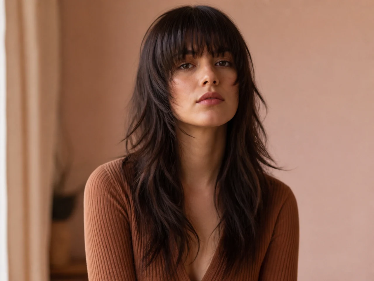 A long wolf cut with a blunt full fringe