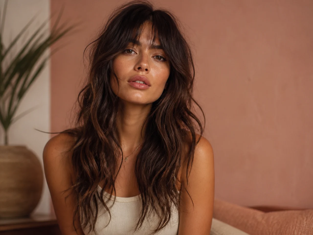 A long wolf cut on wavy hair