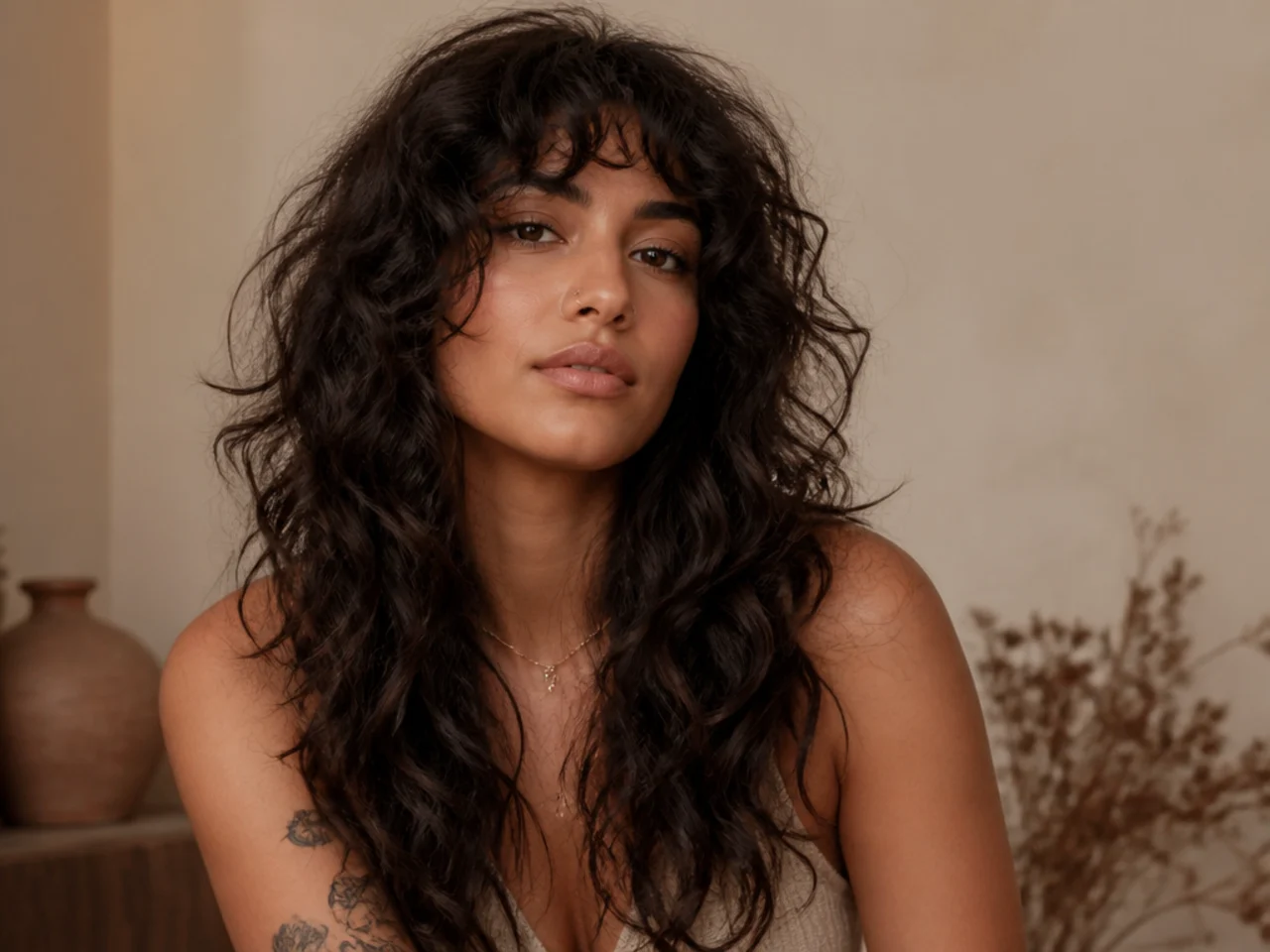 A long wolf cut on curly hair