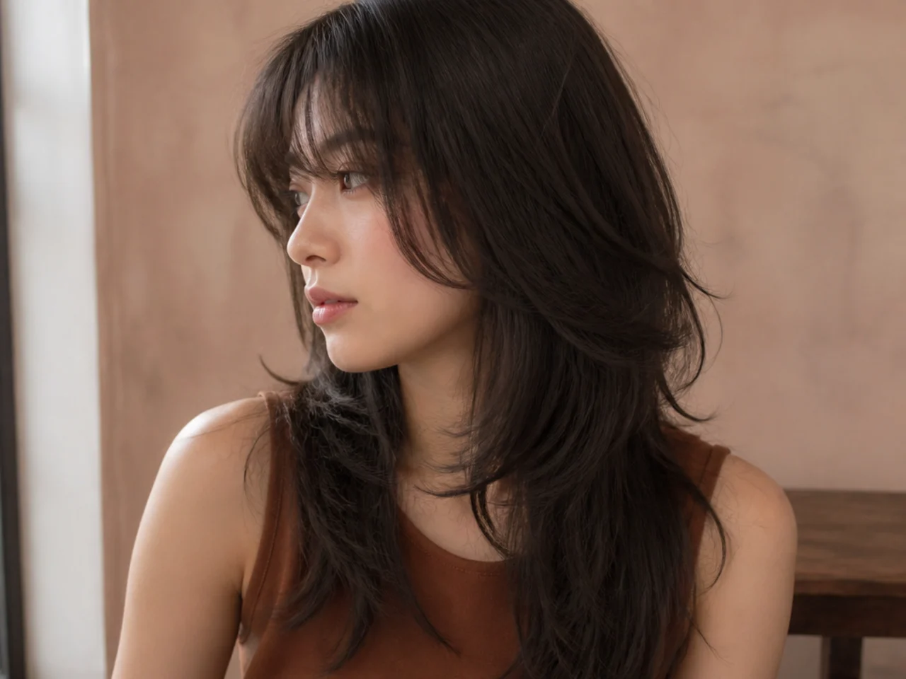 A long wolf cut cut into fine hair