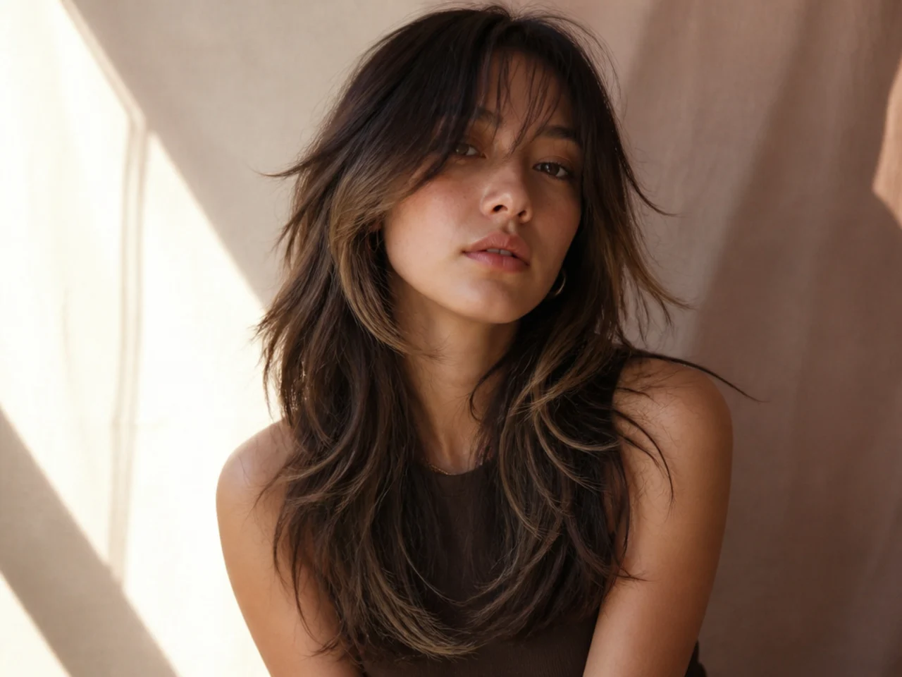 A long wolf cut with painted balayage through the layers