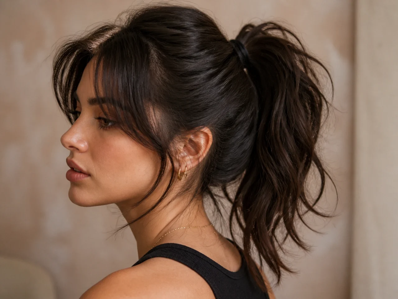 A long wolf cut tied into a high ponytail