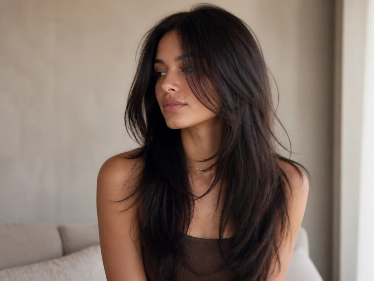 Long layered hair with point cut ends