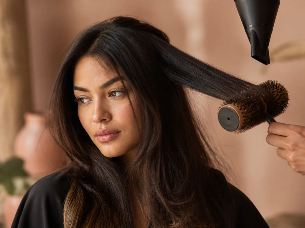 A section of long hair being over directed with a round brush