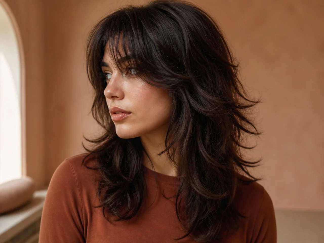 Loose waves in a layered wolf cut with natural lift at the crown