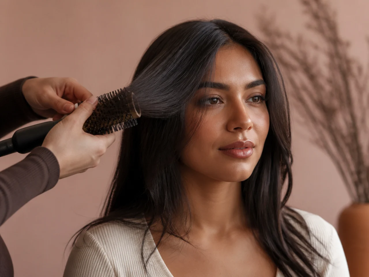 A round brush shaping a single front section while the rest of the hair hangs dry