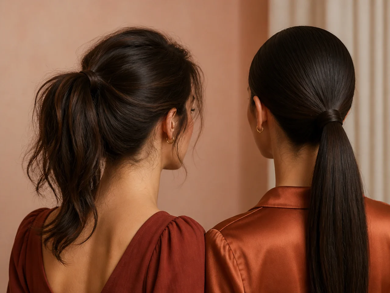 A ponytail with short layers escaping around the crown beside a clean gathered one