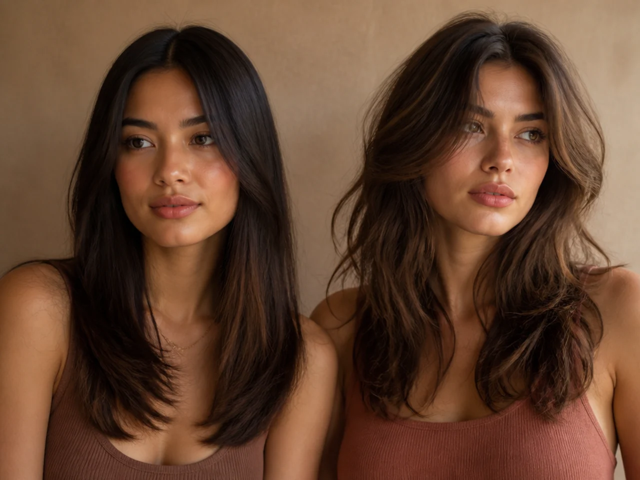 A grown out two length cut with the lengths merging beside a grown out layered cut